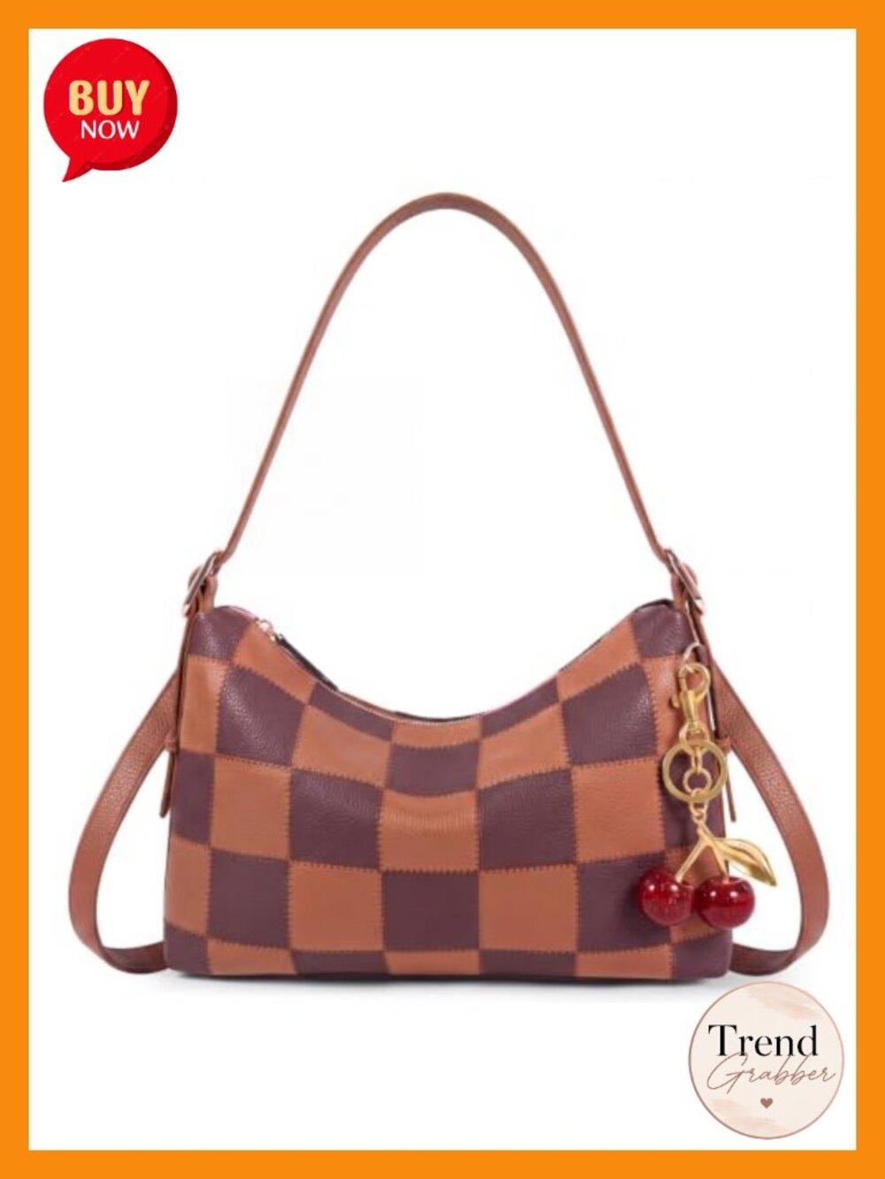 Vegan Leather Checkered Hobo Shoulder Bag with Cherry Charm - Medium Slouchy